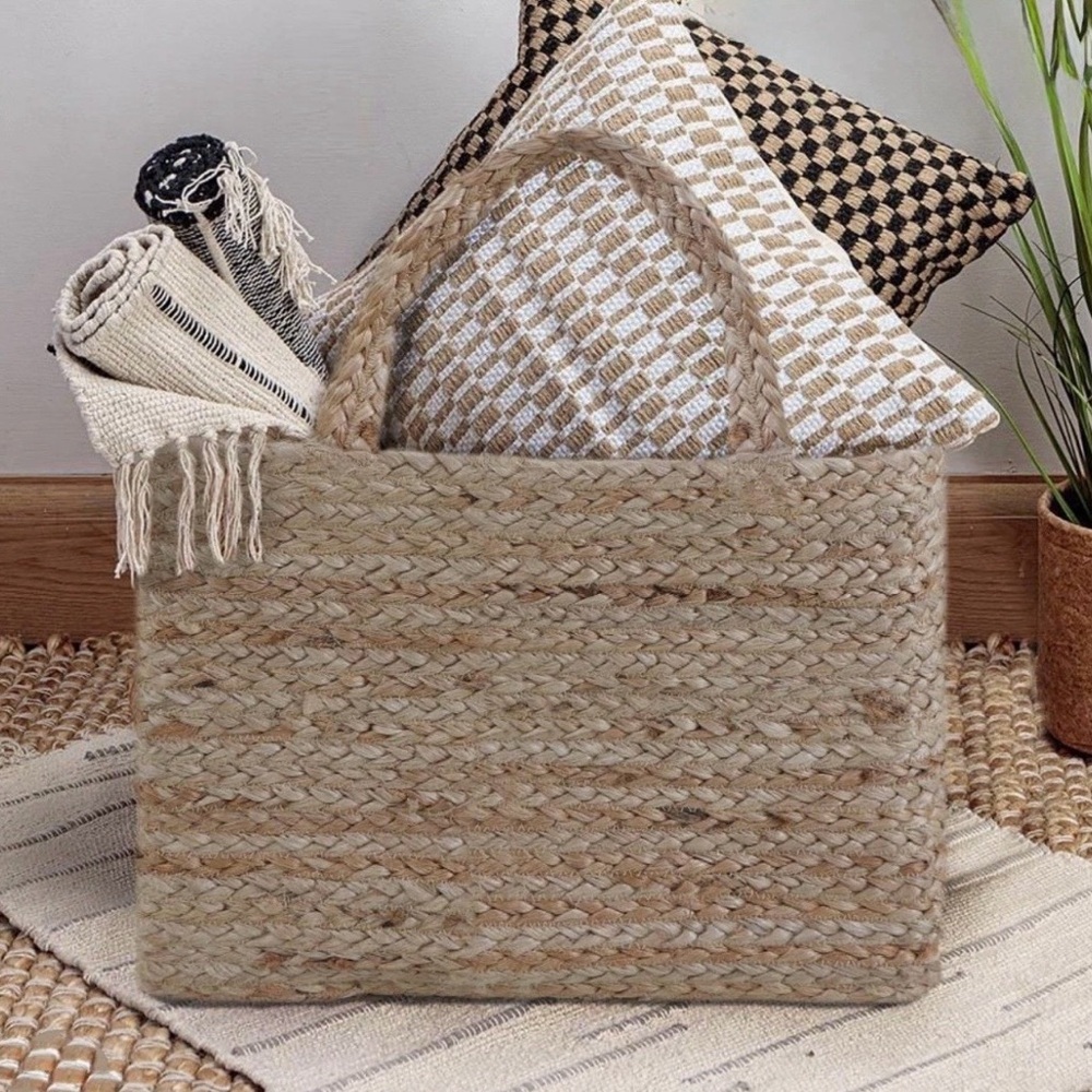 Set of 2 ALLEN + ROTH Baskets 12x12 Natural Jute Woven Storage Boho Decor Handle